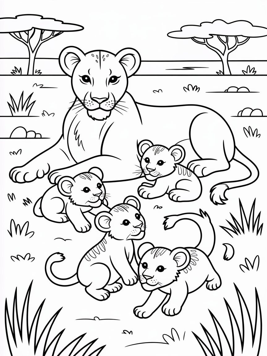 Lion and her babies - Free Coloring Page