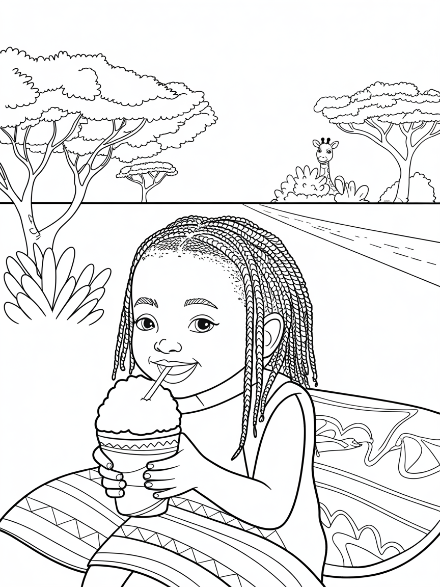 Girl eating snowcone in Africa - Free Coloring Page