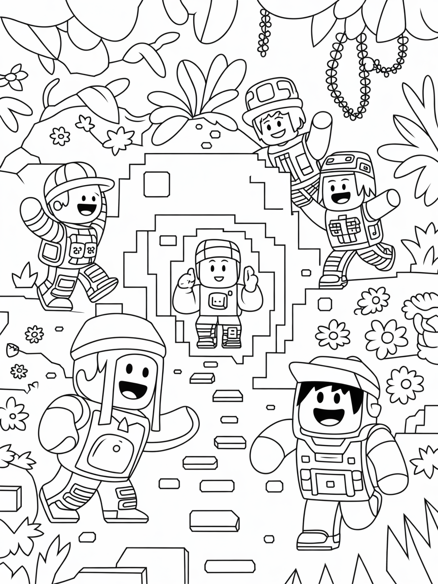 Roblox characters exploring a pixelated jungle - Free Coloring Page