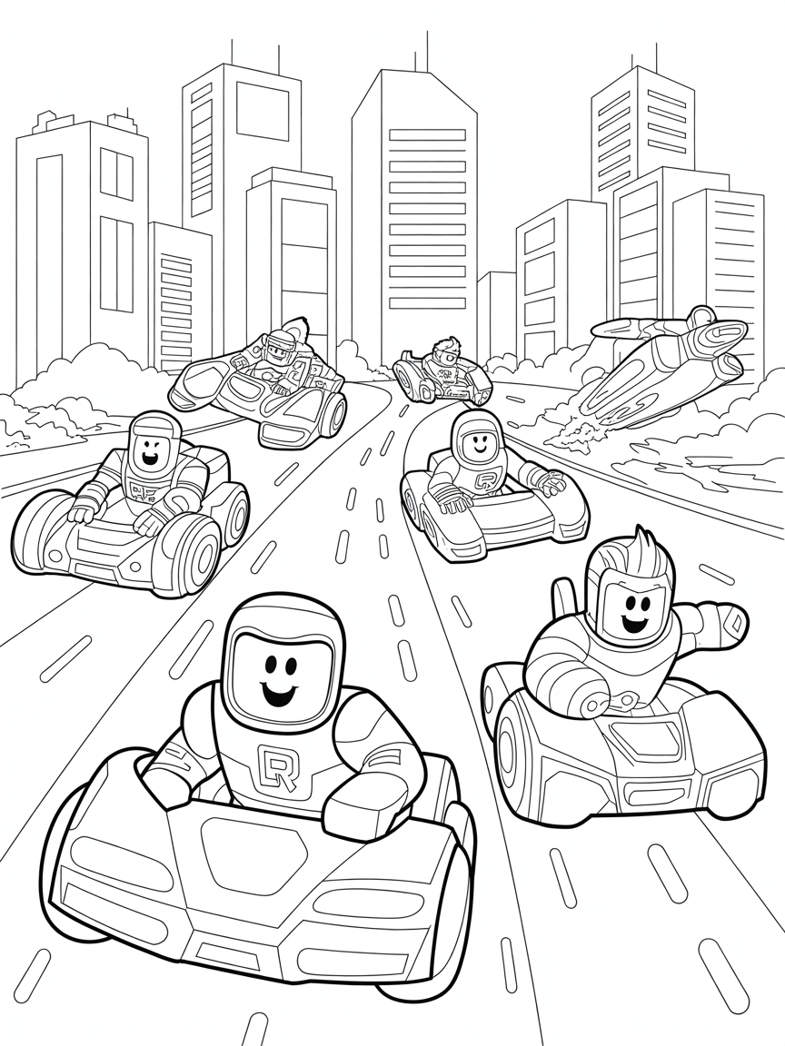 Roblox characters racing in a futuristic city - Free Coloring Page