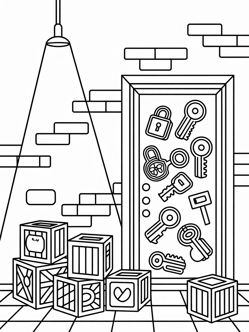 Escape room puzzle with Roblox keys and locks - Free Coloring Page