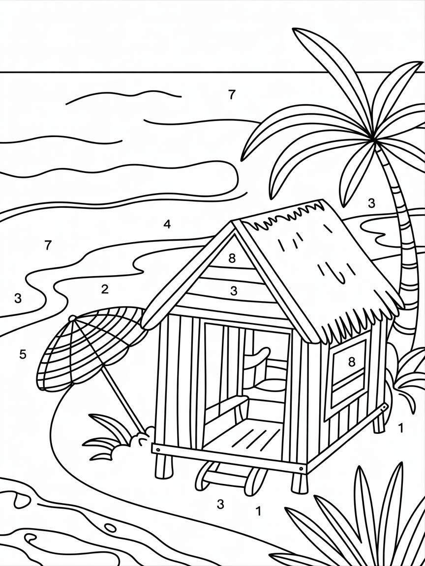 Hut on the beach - Free Coloring Page