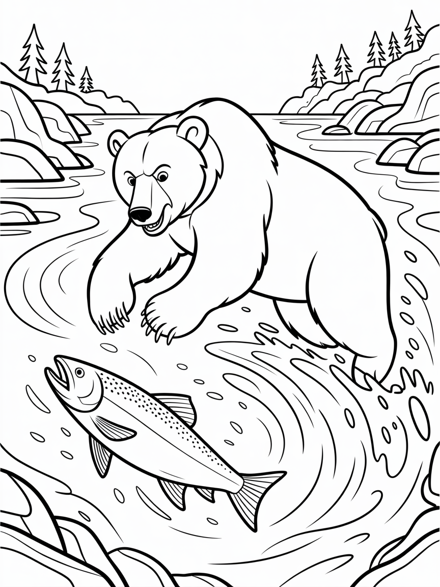 Grizzly bear catching salmon - Free Coloring Page