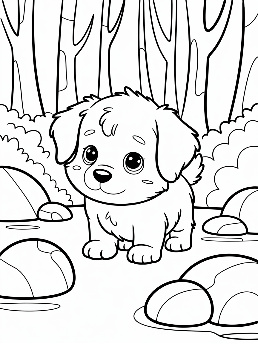 Lost puppy in the woods - Free Coloring Page