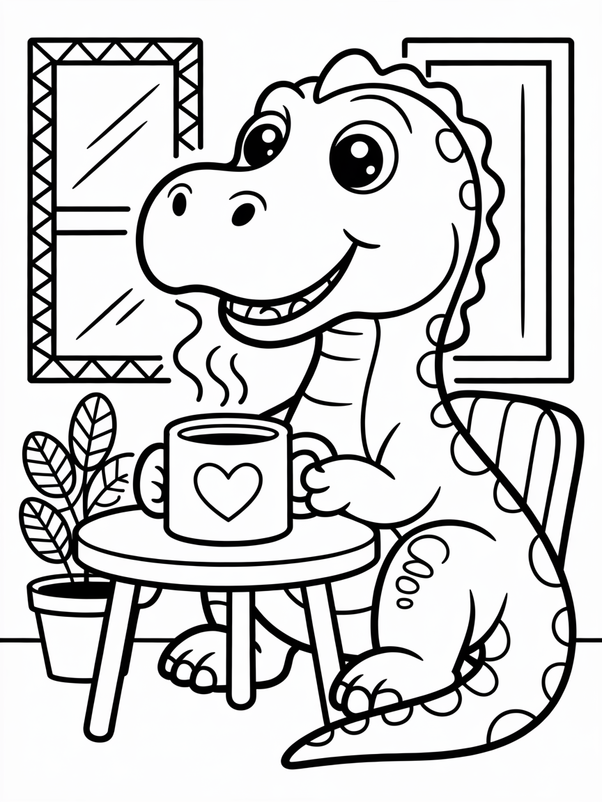 cute dino drinking a cup of coffee - Free Coloring Page