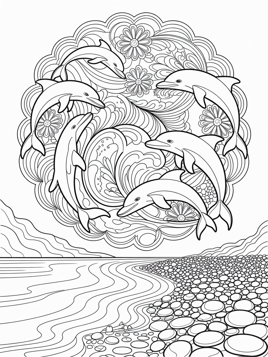 Mandala image for river flowing with pebbles on the bank, dolphins jumping from the water - Free Coloring Page