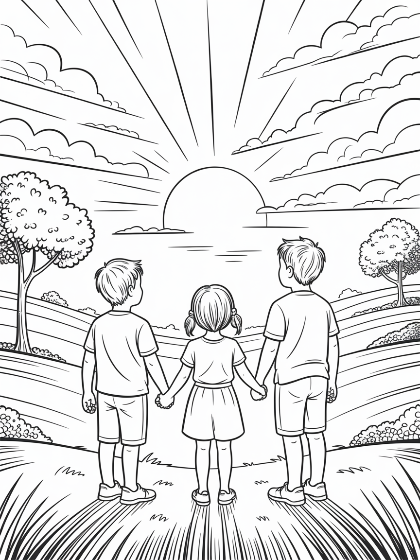 My 2 year old daughter and her two brothers watching the sunset - Free Coloring Page