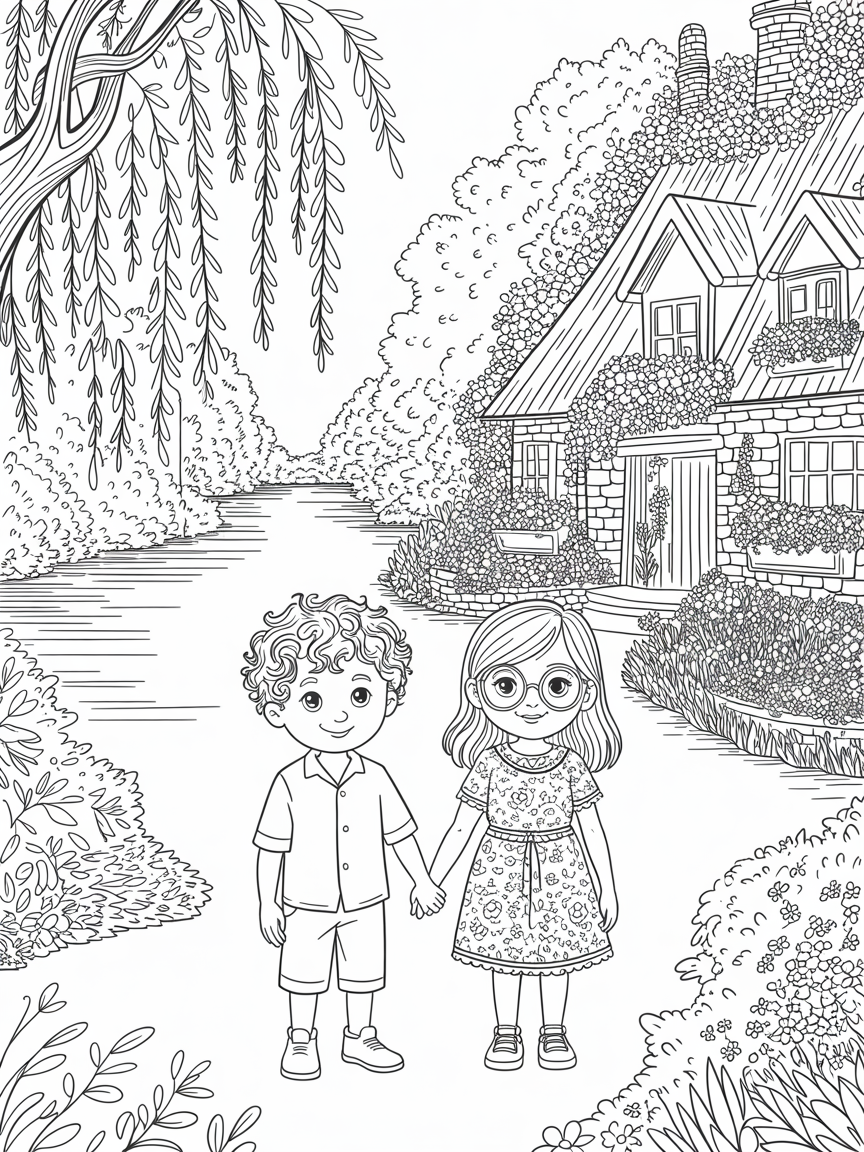 a curly haired boy and a girl with spectacles holding hands outside a cottage near the lake - Free Coloring Page