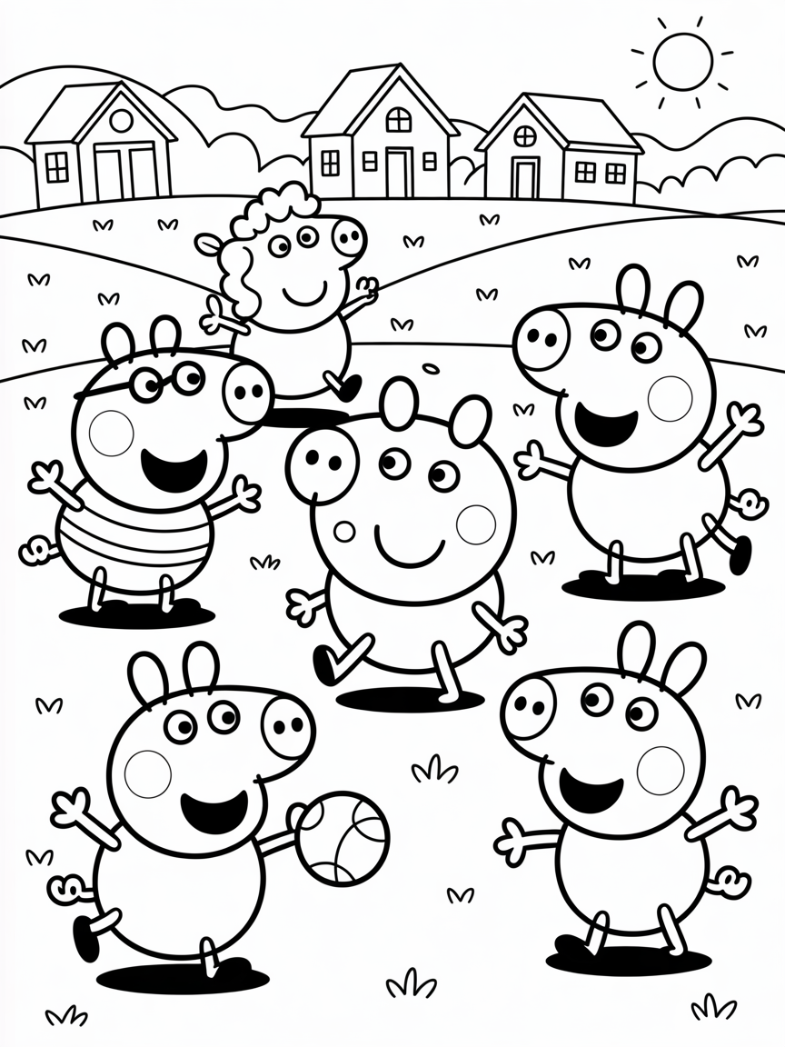 Easy to colour Peppa pig and friends and houses - Free Coloring Page