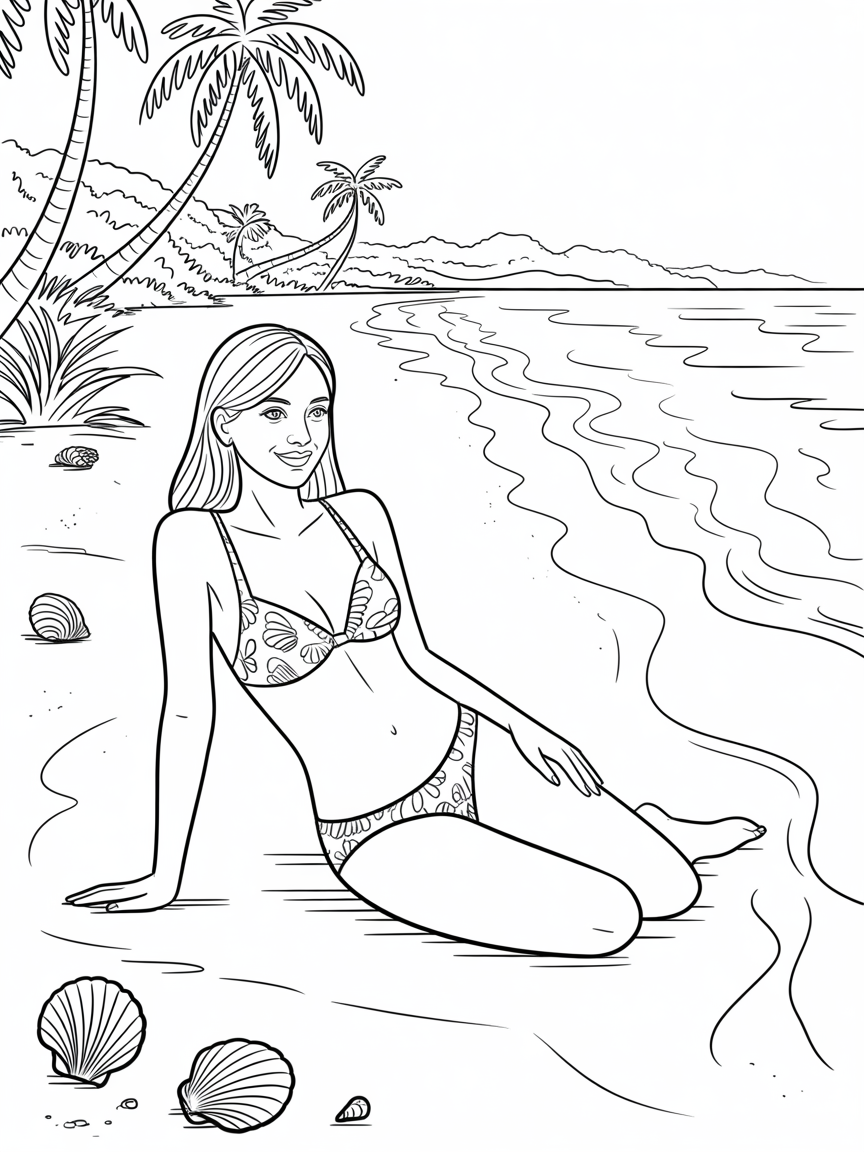 Girl wear a bikni at beach - Free Coloring Page