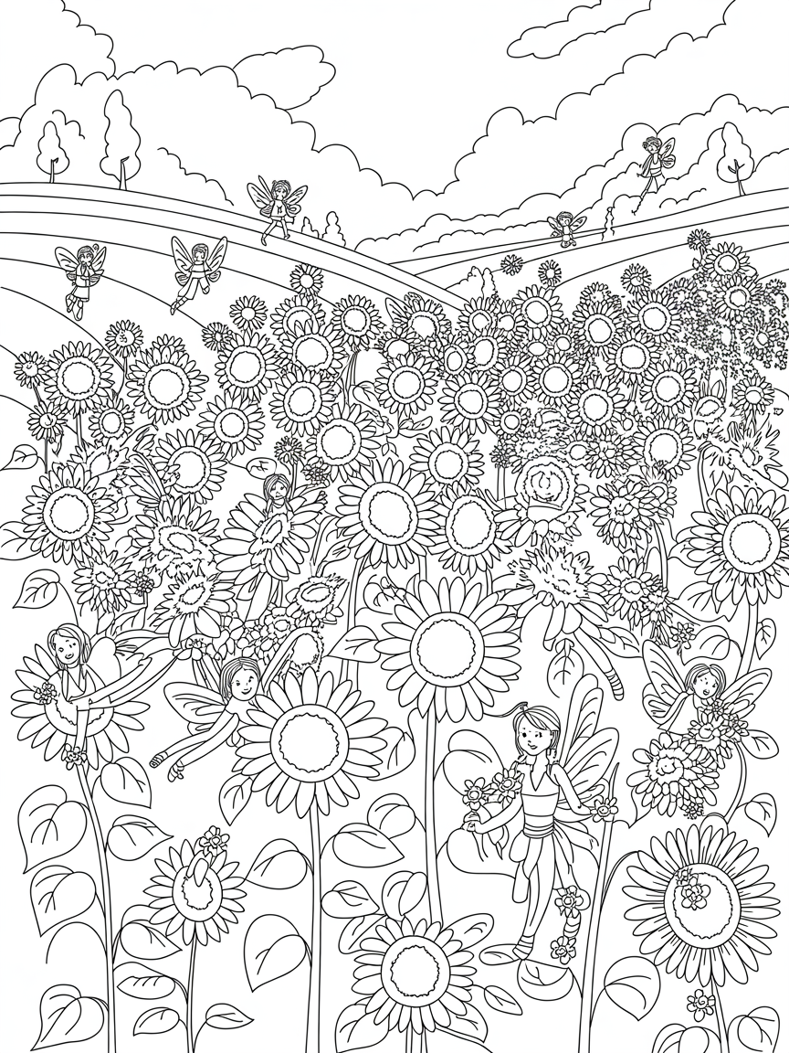 Sunflower fields buzzing with playful fairies - Free Coloring Page
