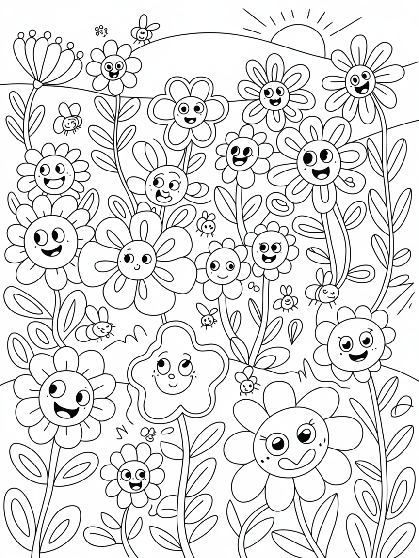Magical flower garden with singing blooms - Free Coloring Page