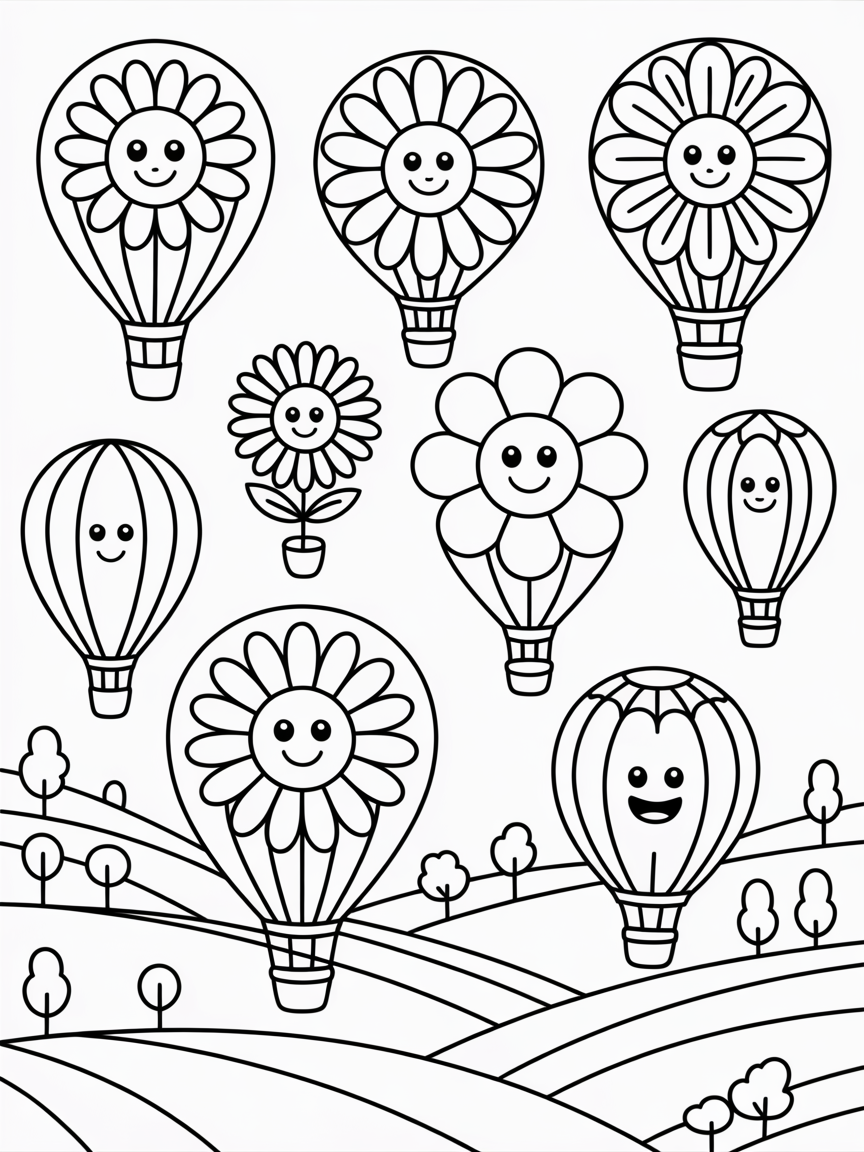 Flower-shaped hot air balloons floating over a valley - Free Coloring Page