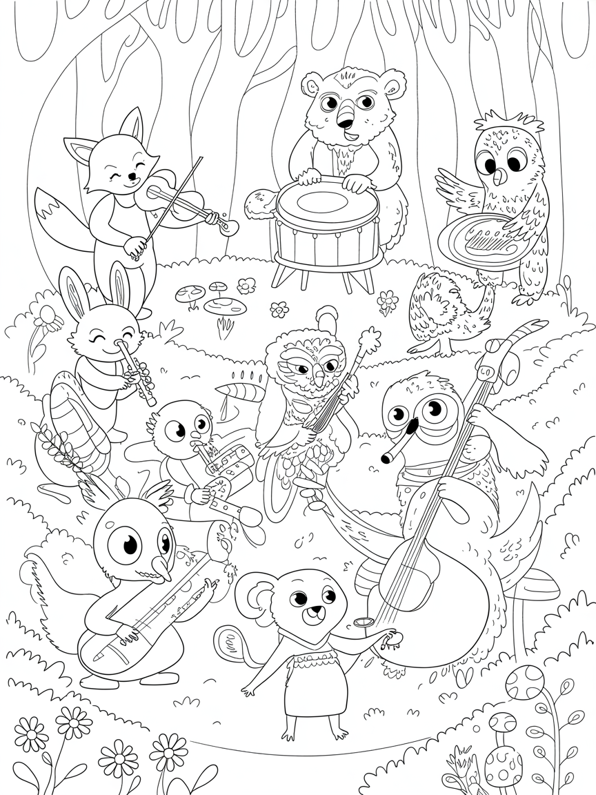 Magical animal orchestra in a lush forest - Free Coloring Page