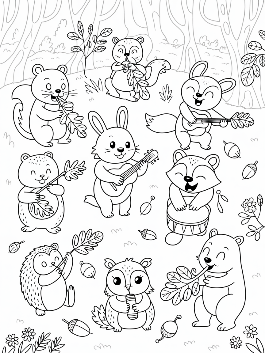 Enchanted woodland critters playing leaf instruments - Free Coloring Page