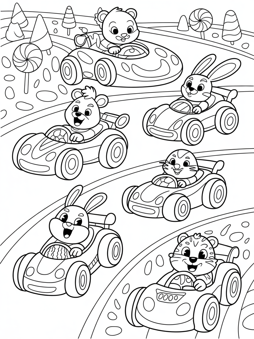 Cartoon animals driving racing cars on a candy track - Free Coloring Page