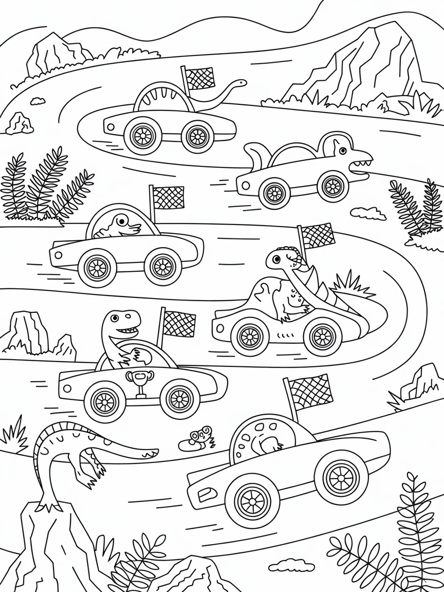 Dinosaur-themed racecars on a prehistoric track - Free Coloring Page