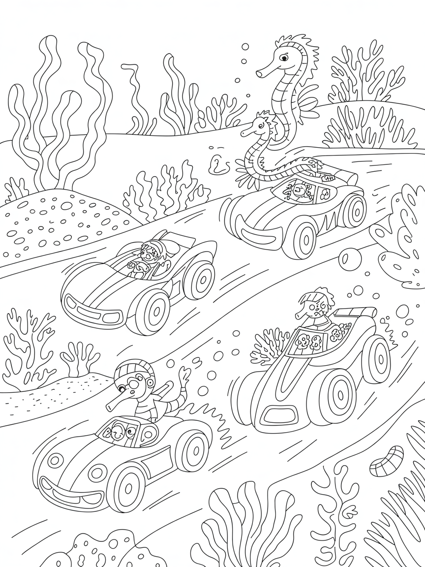 Underwater racecar adventure with seahorse coaches - Free Coloring Page