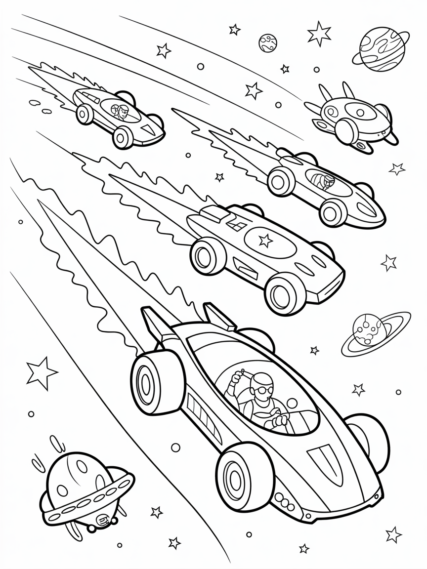 Outer space racecars powered by shooting stars - Free Coloring Page