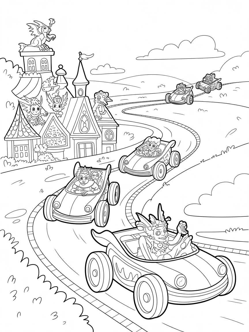Fantasy kingdom with magical racecar chariots - Free Coloring Page