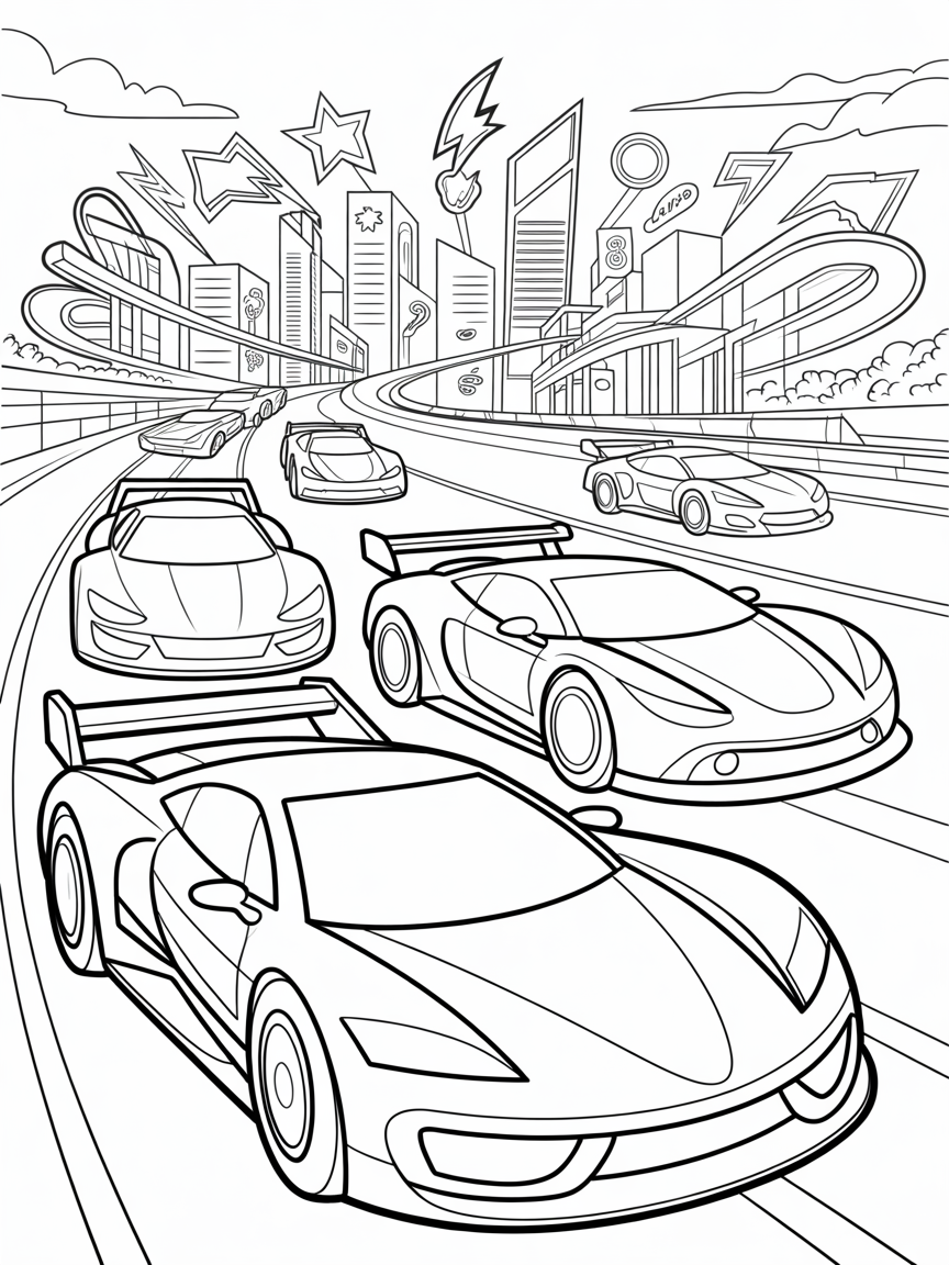 Racecars zooming through a futuristic neon city - Free Coloring Page