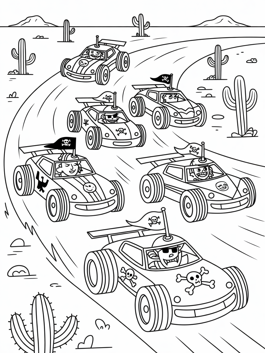 Pirate-themed racecars sailing down sandy tracks - Free Coloring Page