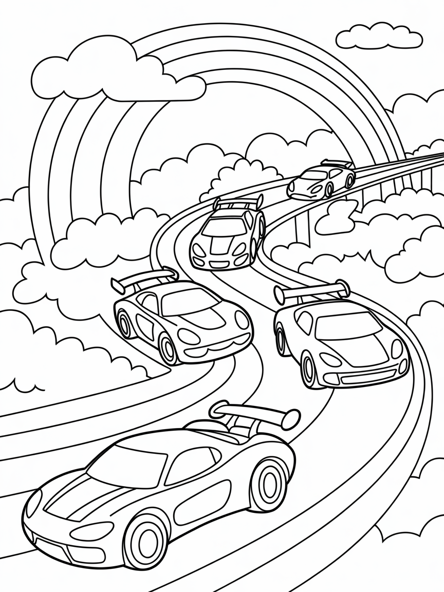 Racecars racing across a rainbow bridge in the clouds - Free Coloring Page