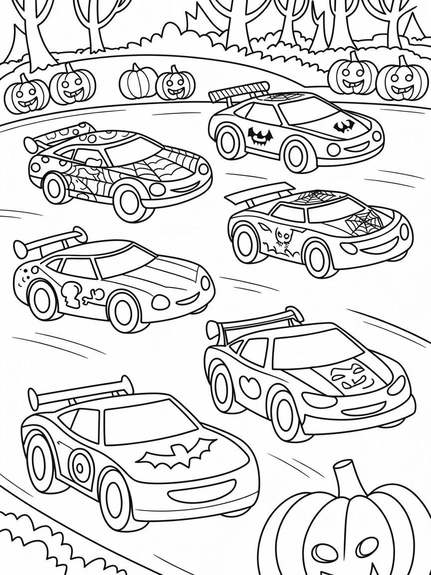 Halloween-themed racecars zooming through a spooky forest - Free Coloring Page
