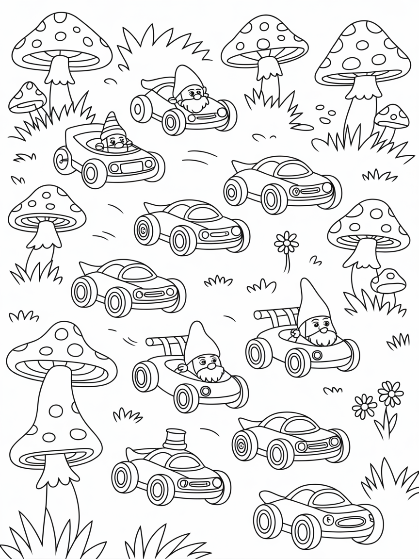 Garden gnome racecars weaving between giant toadstools - Free Coloring Page