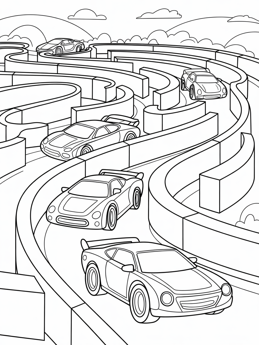 Labyrinth maze racecars dodging giant rolling cheese wheels - Free Coloring Page