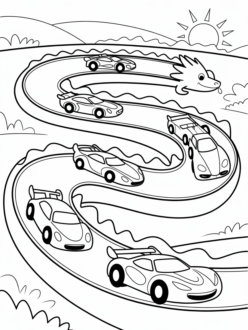Racecars speeding along a twisting dragon-shaped track - Free Coloring Page