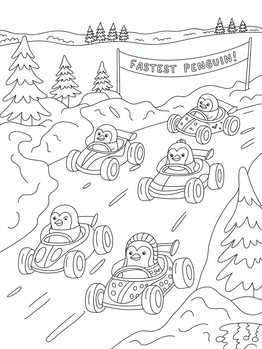 Winter racecar rally across a snowy landscape with penguins - Free Coloring Page