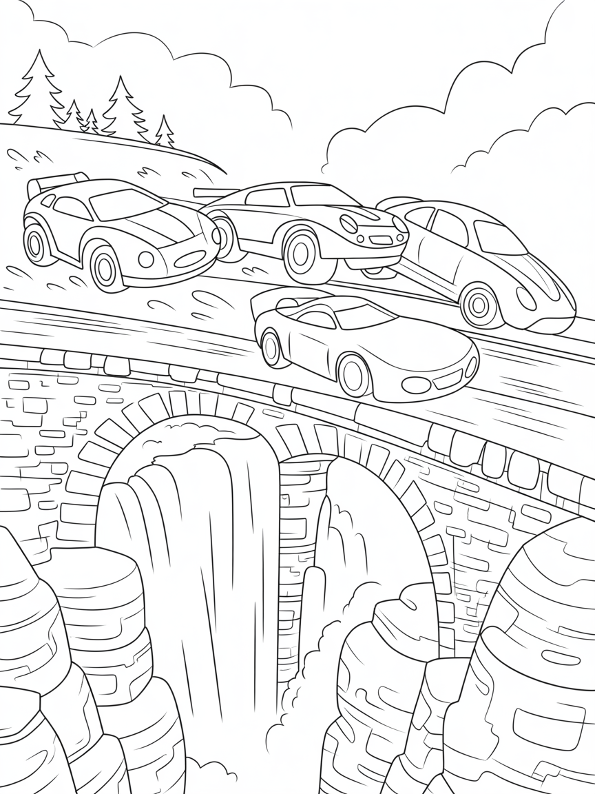 Racecars leaping across a waterfall bridge - Free Coloring Page