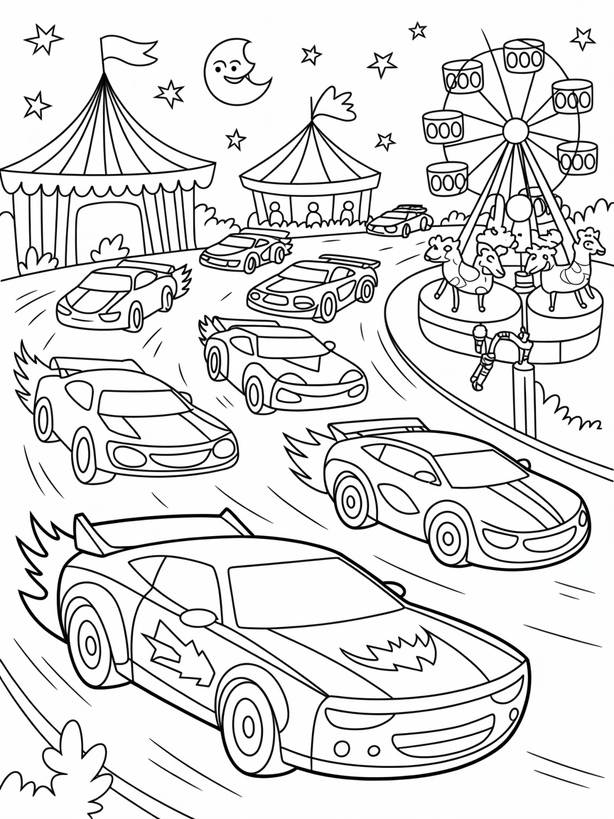 Racecar rally through a haunted carnival - Free Coloring Page
