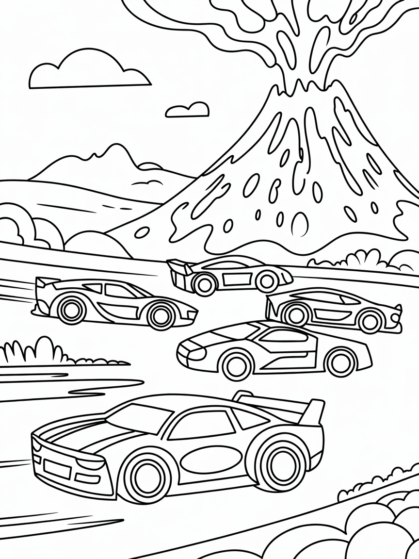 Racecars racing around a fiery volcano - Free Coloring Page