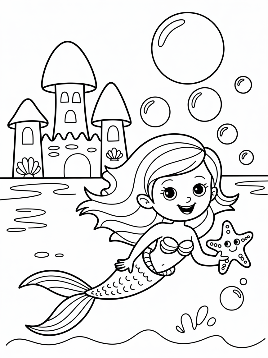 mermaid in front of sea castle - Free Coloring Page