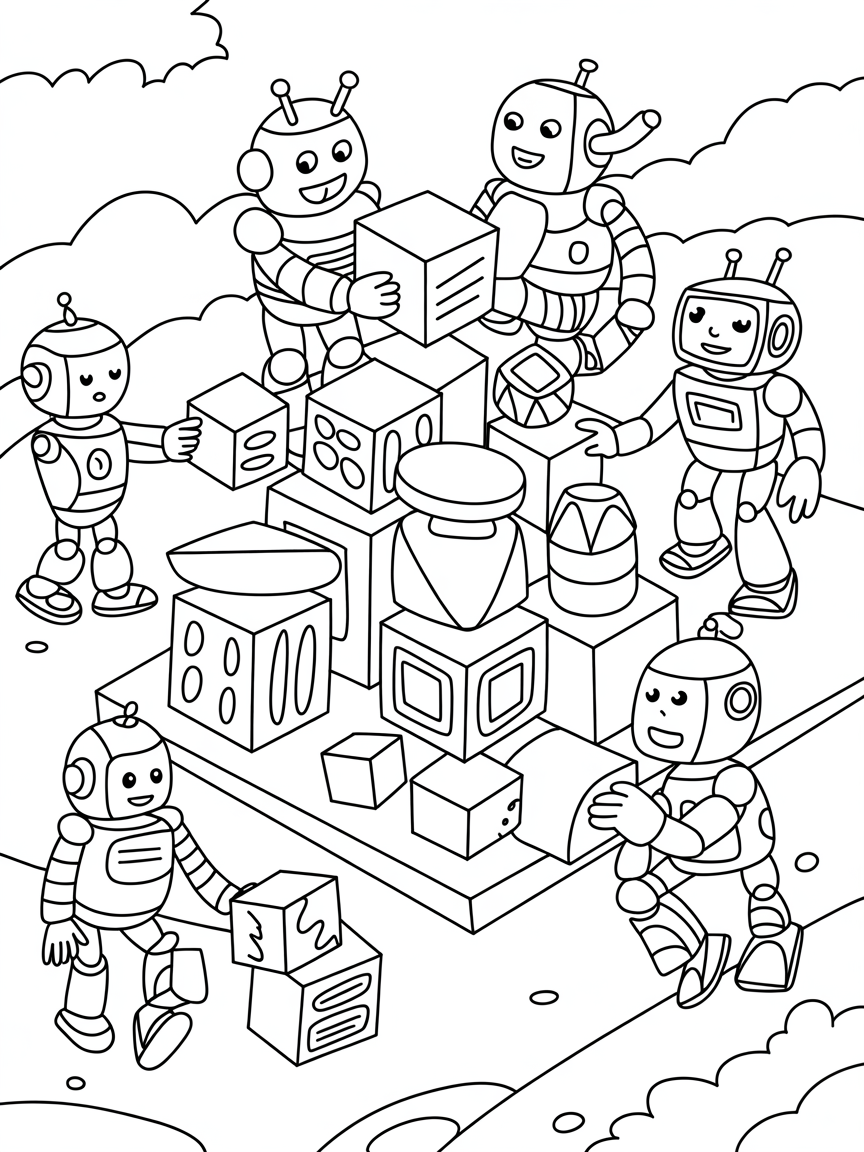 Robots assembling a city from 3D geometric blocks - Free Coloring Page