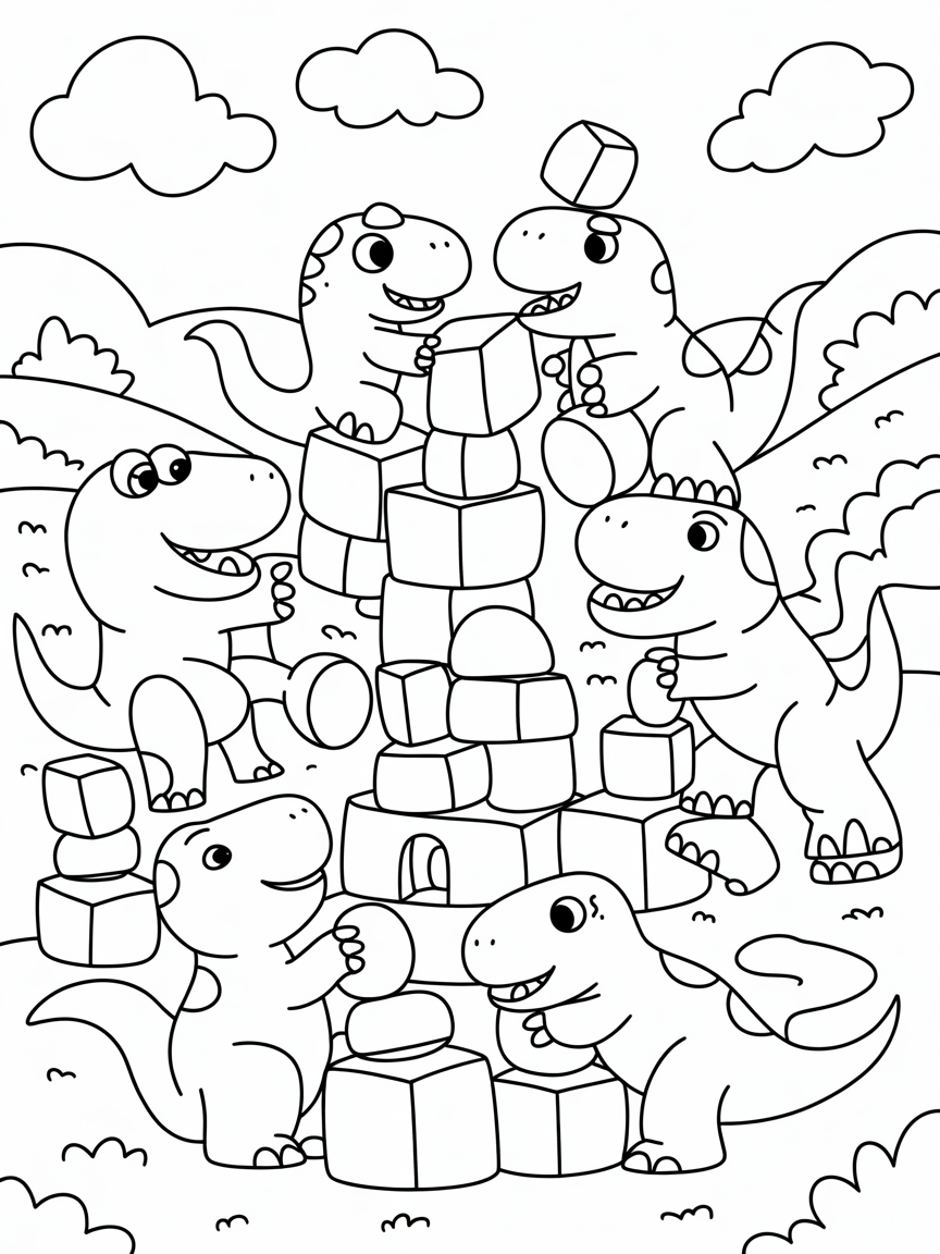 Dinosaurs building a castle with giant 3D shapes - Free Coloring Page