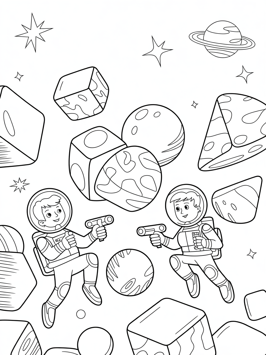 Space explorers navigating a field of floating 3D shapes - Free Coloring Page