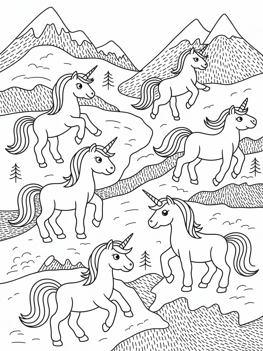 Rainbow unicorns setting off on an expedition through snowy mountains - Free Coloring Page