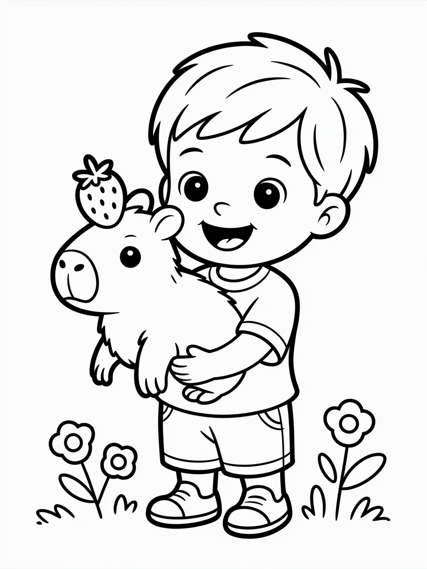 A little Asian boy holding a stuffed animal capybara with a strawberry on its head - Free Coloring Page