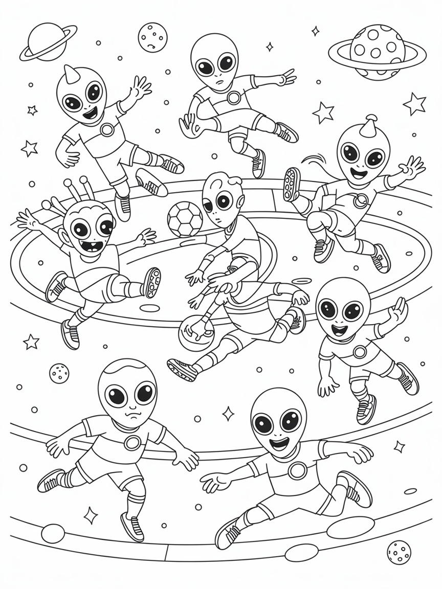 Aliens playing intergalactic soccer with planets - Free Coloring Page