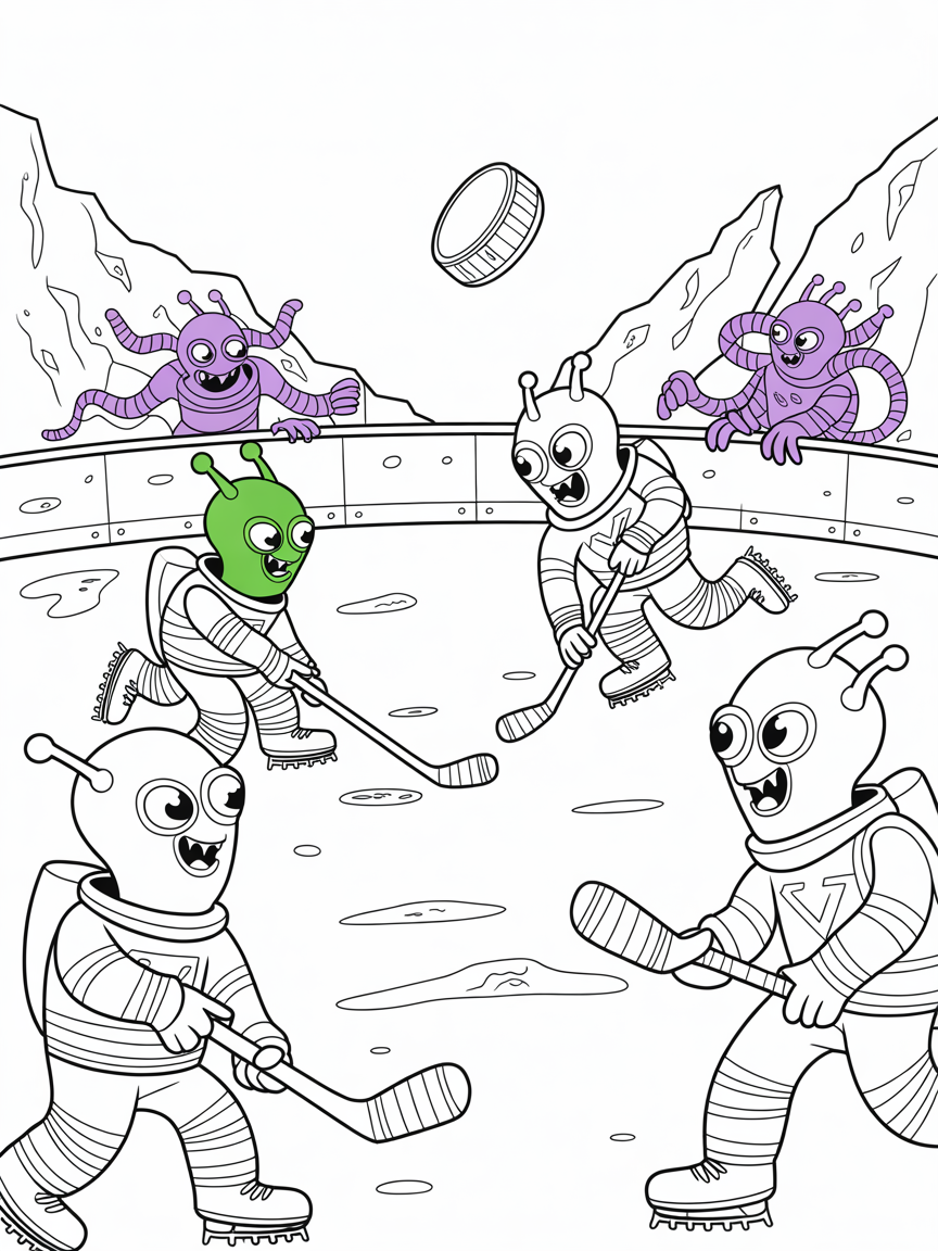 Martian critters hosting an outer space hockey match - Free Coloring Page