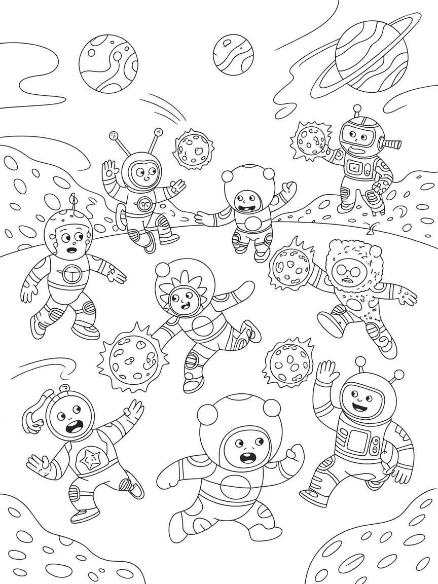 Meteor dodgeball tournament with cosmic creatures - Free Coloring Page