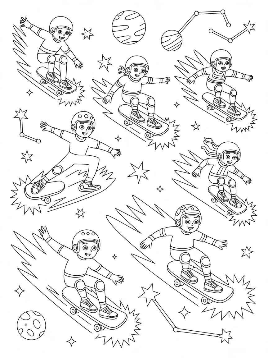 Galactic skateboarders performing stunts on shooting stars - Free Coloring Page