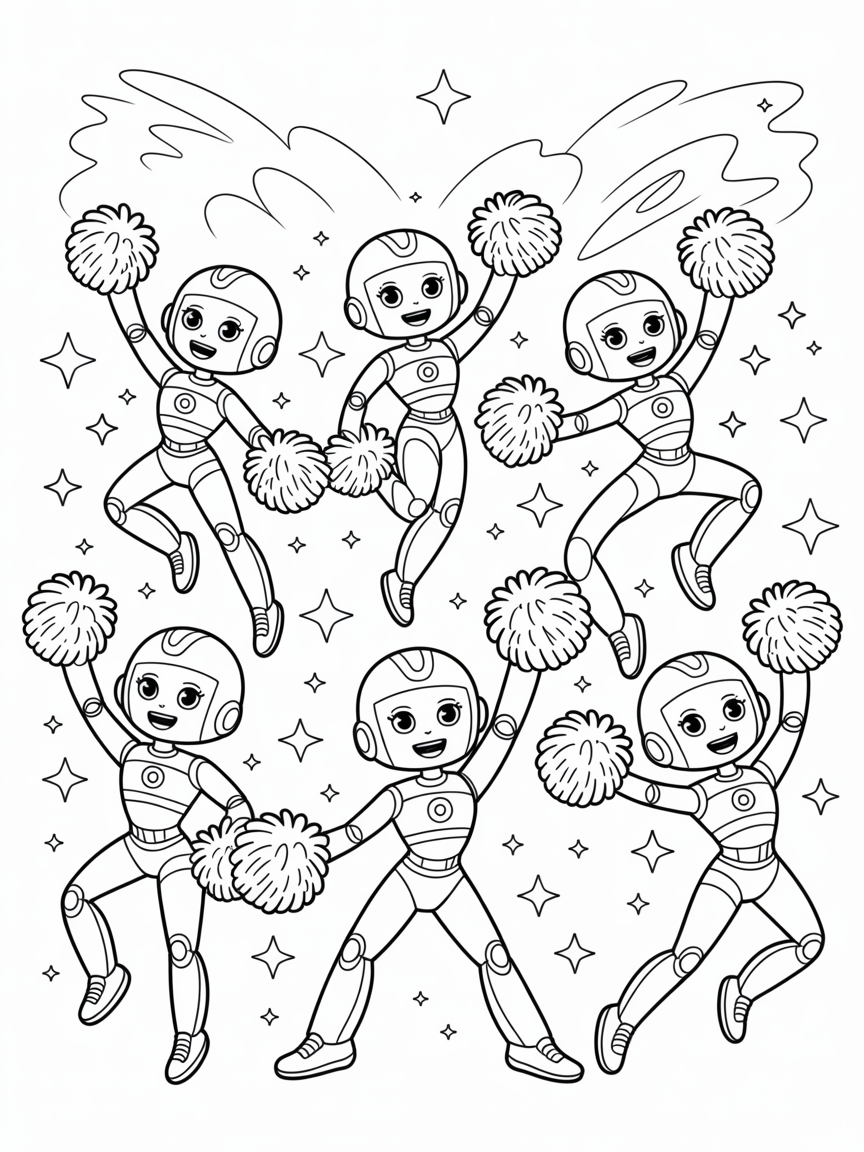 Robotic cheerleaders leading a cosmic pep rally - Free Coloring Page