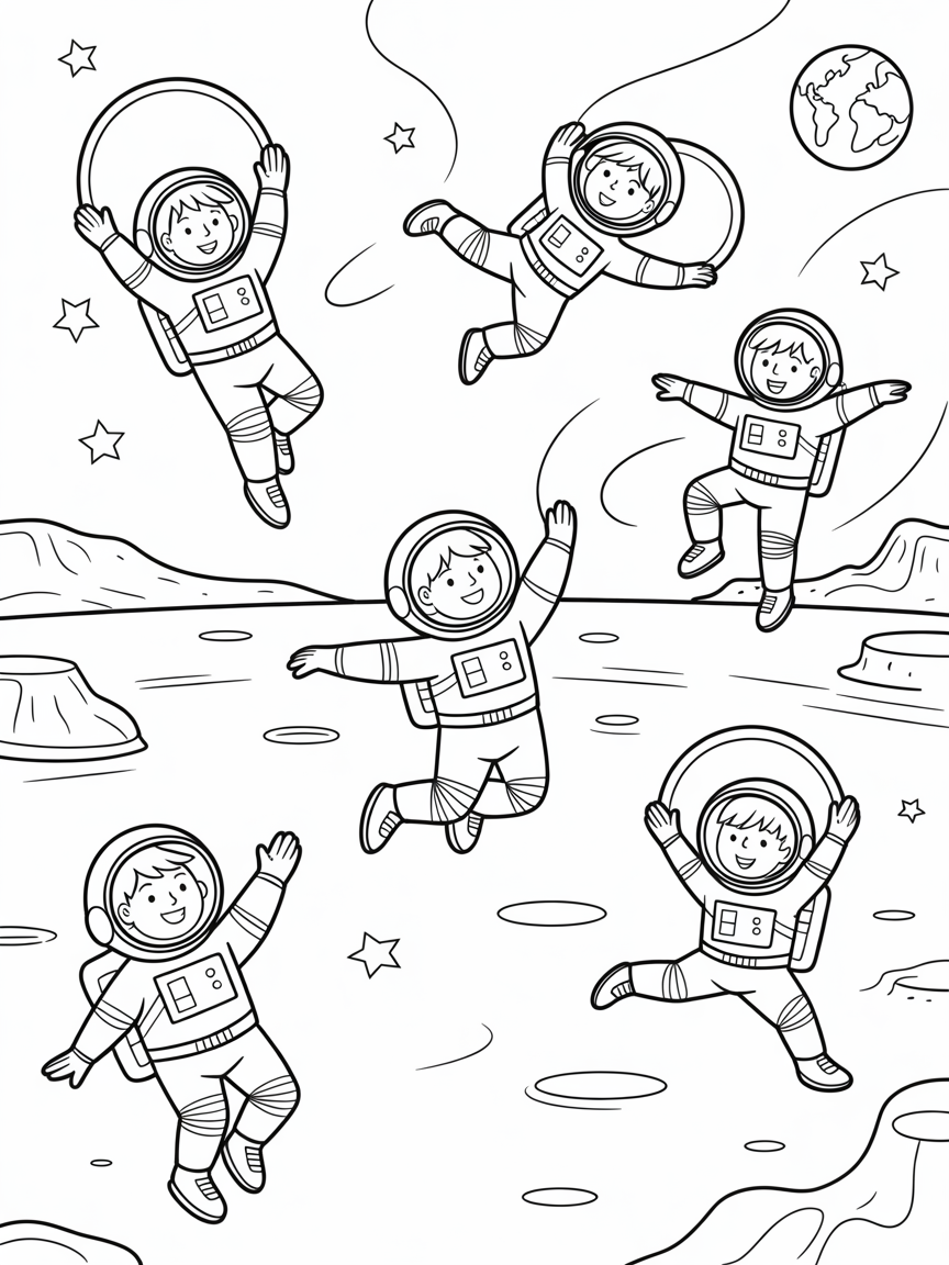 Lunar gymnastics competition with weightless performances - Free Coloring Page