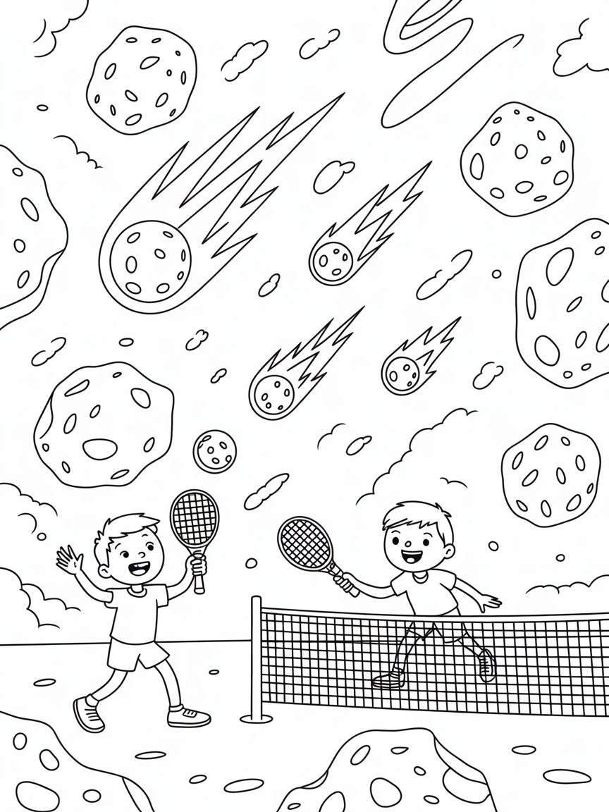 Asteroid belt tennis featuring glowing comet balls - Free Coloring Page