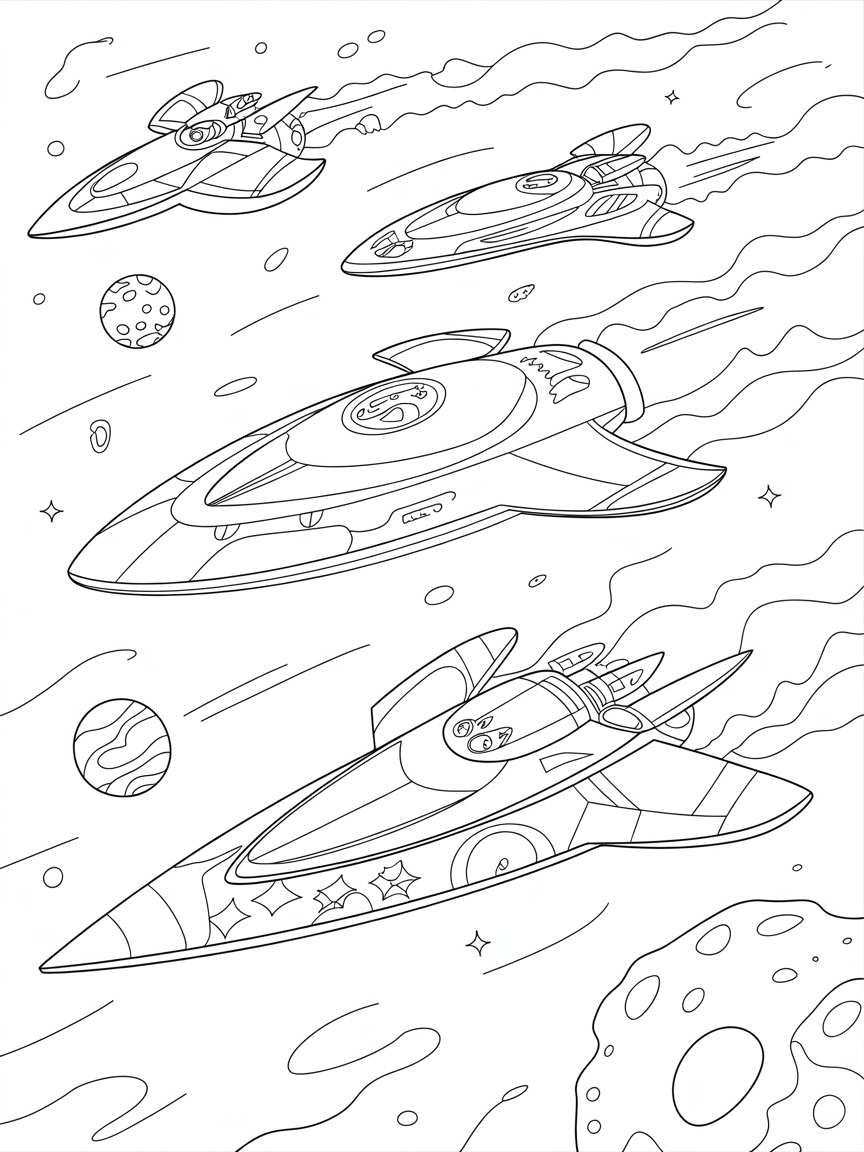Starship racing teams in a space regatta competition - Free Coloring Page