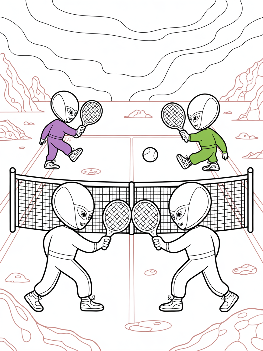 Martian tennis with glowing rings for nets - Free Coloring Page